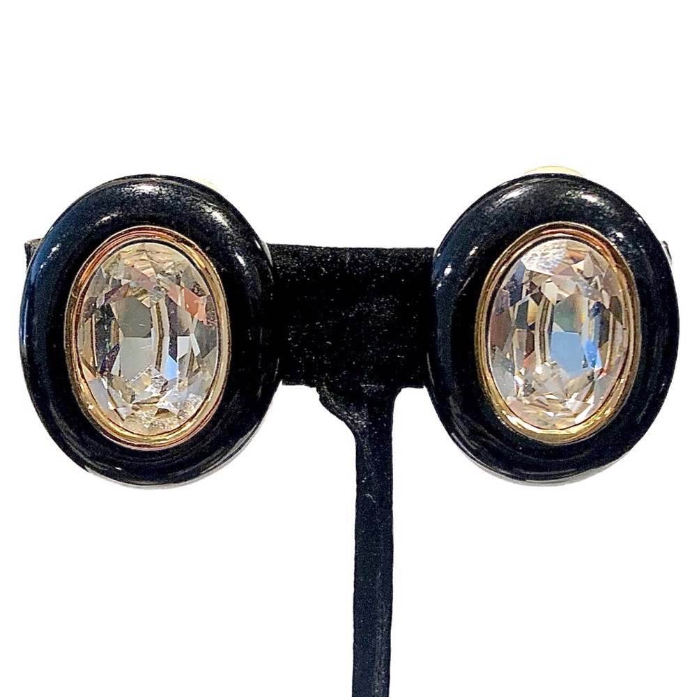 CHRISTIAN DIOR BLACK ENAMEL & FACETED CRYSTAL OVAL CLIP ON EARRINGS - Picture 2 of 16